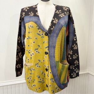 Patchwork Wool Blend Size XL Cardigan Sweater Floral Multi Print Boho Indie